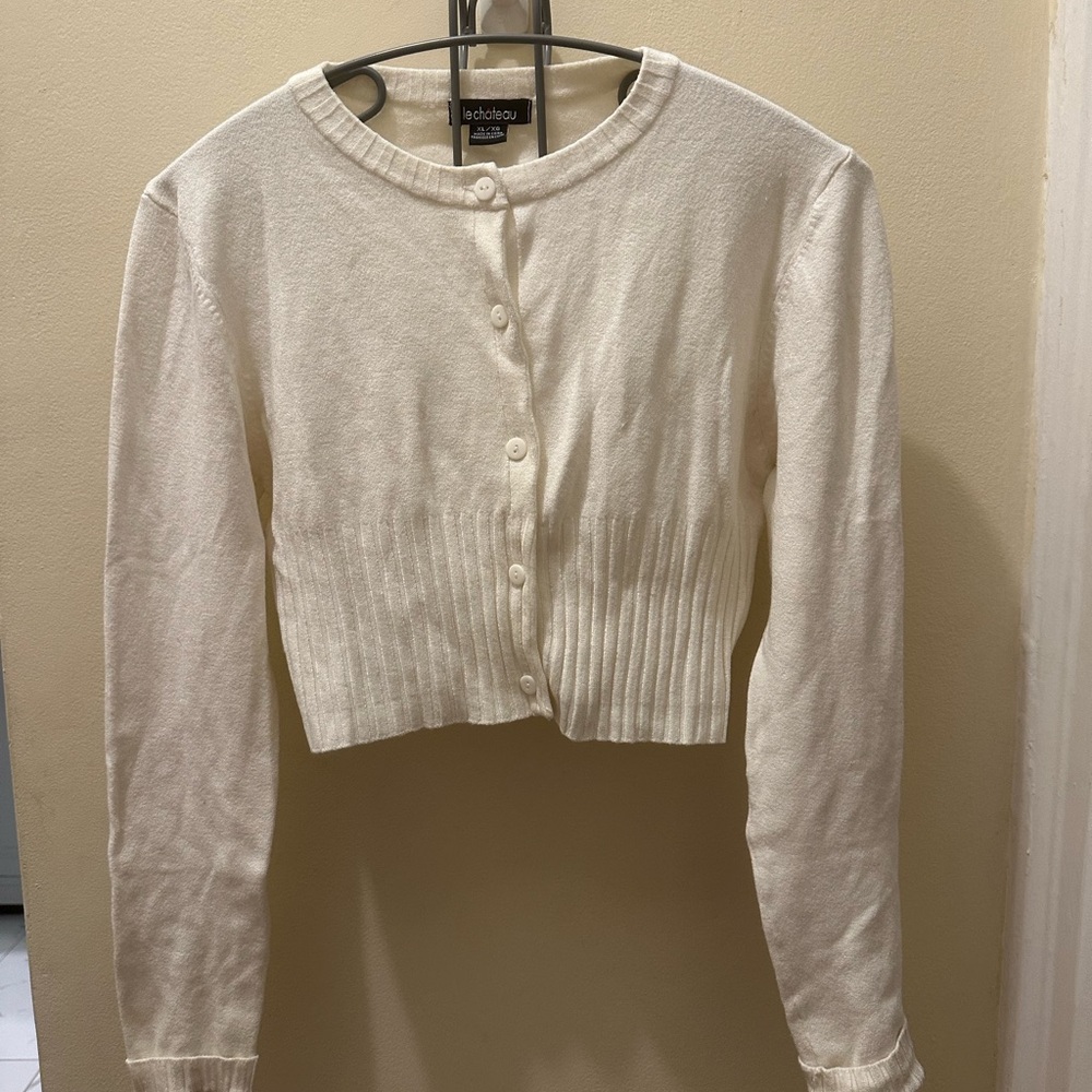 Le Chateau Cream Cropped Cardigan with Long Sleeves